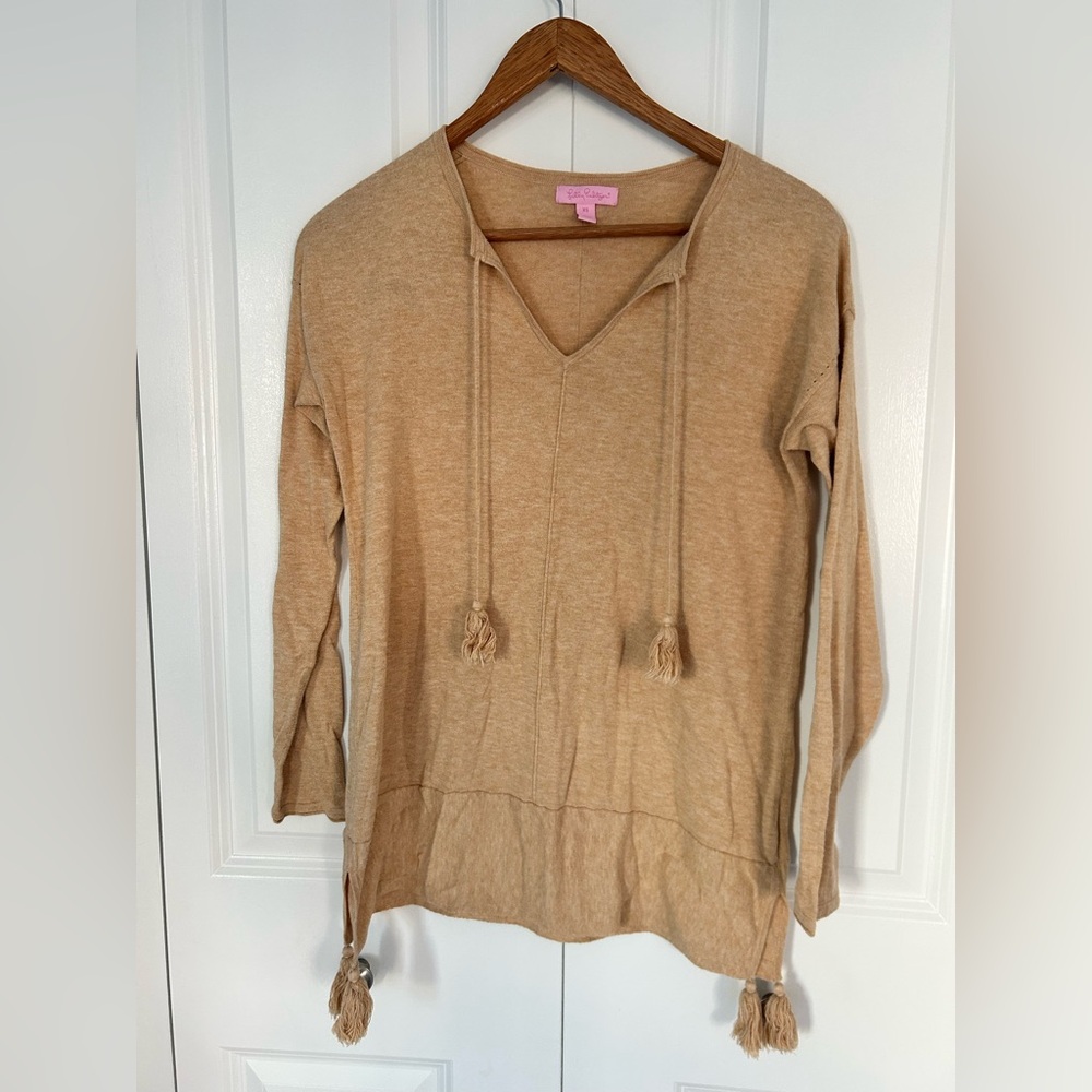 Lilly Pulitzer Colene Sweater Camel Tan Tassel Knit Pullover XS